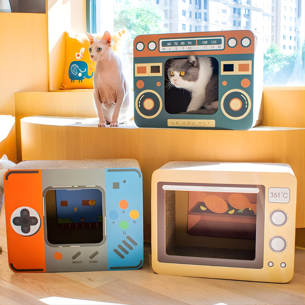 RetroDen │ Cardboard Cat Hideaway with Scratch Surface